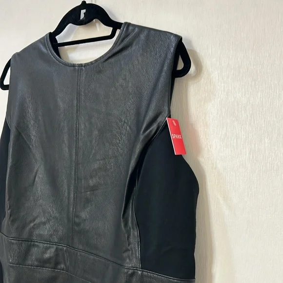 SPANX WOMENS BLACK LEATHER LIKE COMBO FITTED SHEATH DRESS BLACK Sz 1X NEW - Picture 7 of 14
